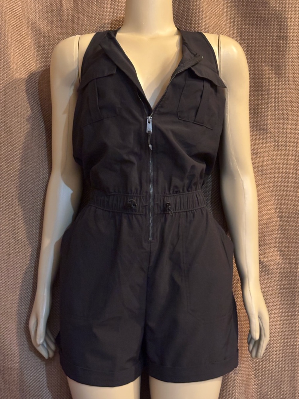 Avia Black Sleeveless Zip Romper with Drawstring Waist